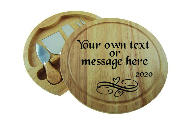 Personalised Round Cheese Board & 4 Pce Knife Serving Set