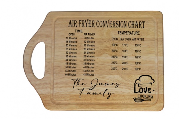 Personalised Handled Rubberwood Chopping Board with Air Fryer Conversion Chart