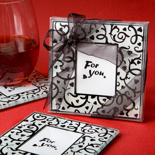 Hearts & Flourishes Design Glass Photo Coaster Set