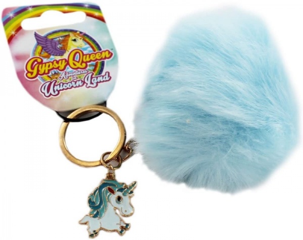 Faux Fur Pom Pom Key Ring with Unicorn Charm