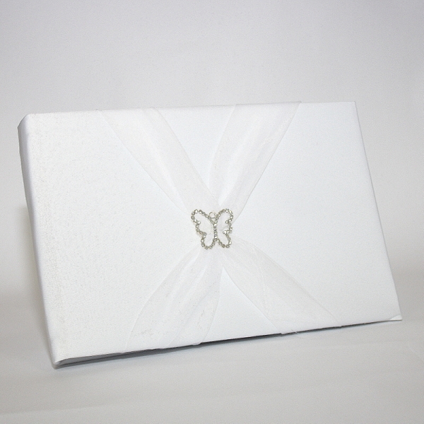 Butterfly Satin Guest Book & Pen Set with Organza Sash - White