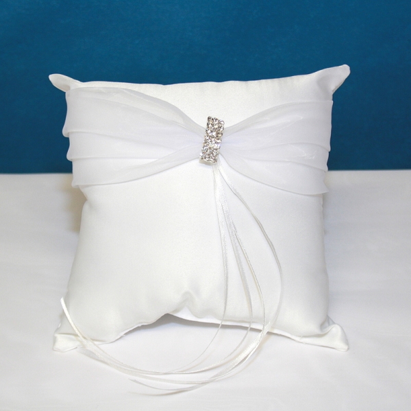White Satin Ring Pillow with Sash & Rhinestone Accent