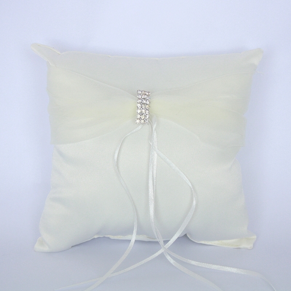Satin Ring Pillow with Sash & Rhinestone Accent ~ Ivory / White