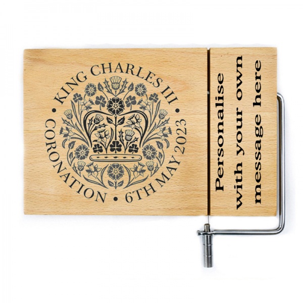 Personalised Rubberwood Cheese Board With Wire Slicer - King Charles III Coronation