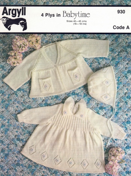 Vintage Argyll Knitting Pattern 930 - Baby's Dress, Jacket & Bonnet