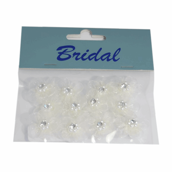 Diamante & Pearl Flower Embellishments: Self Adhesive: Pack of 12: Ivory