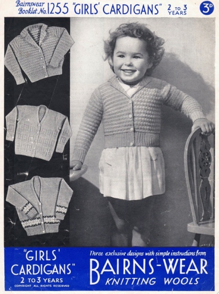 Vintage Bairnswear Knitting Pattern No 1255: Girl's Cardigans for Ages 2-3 Years
