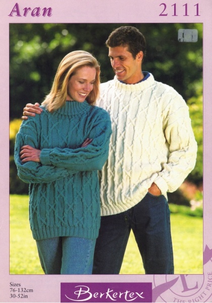Vintage Berkertex Knitting Pattern No 2111: His & Hers Aran Sweaters