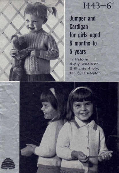 Vintage Patons Knitting Pattern 1443 - Girls Jumper & Cardigan - Age 6mth to 5yrs
