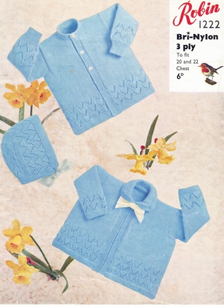 Vintage Robin Knitting Pattern 1222 - Baby Cardigan, Matinee Coat & Bonnet Set