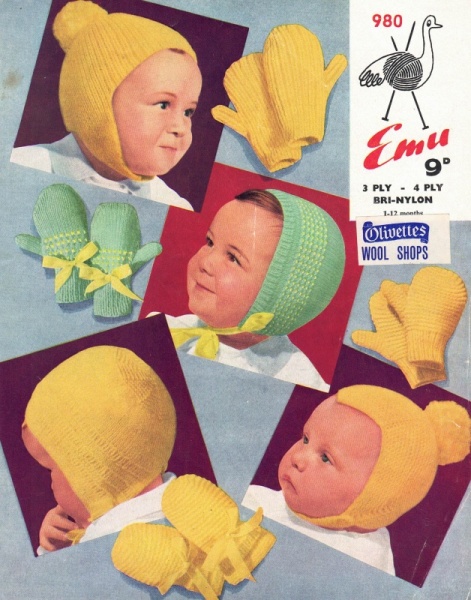 Vintage Emu Knitting Pattern 980 - Baby Bonnets & Mittens
