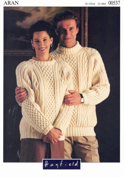 Vintage Hayfield Knitting Pattern No. 00537 - His & Hers Aran Sweaters