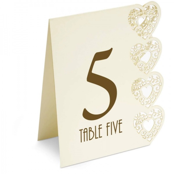 Ivory Wedding Table Numbers 1-15 with Laser Cut Heart Detail