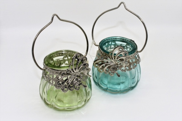 Hanging Glass Tea Light Holder with Silver Butterfly