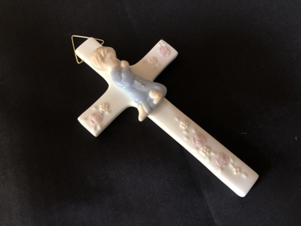 Russ First Holy Communion Porcelain Cross, Boy Kneeling in Prayer