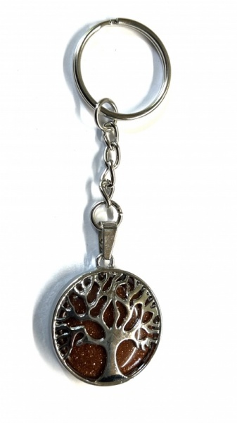 Tree of Life Key Ring with Goldstone Gemstone Charm Pendant