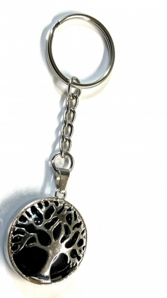 Tree of Life Key Ring with Black Chalcedony Gemstone Charm Pendant