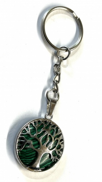 Tree of Life Key Ring with Malachite Gemstone Charm Pendant
