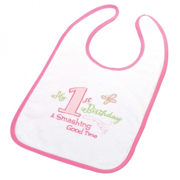 Lillian Rose First Birthday White Bib ~ Pink or Blue Trim