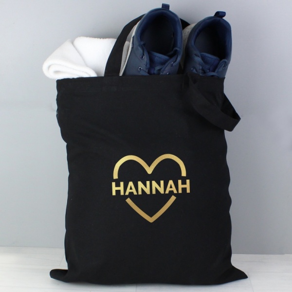 Personalised Gold Heart Black Cotton Tote Shopper Bag