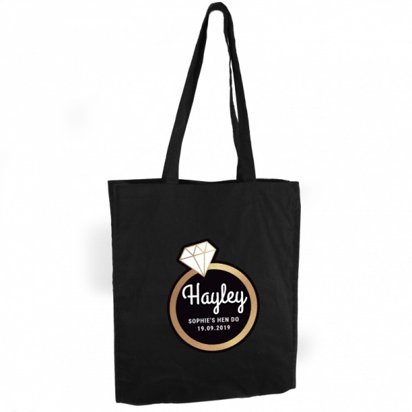 Personalised Gold Bling Ring Hen Party Black Cotton Tote Bag