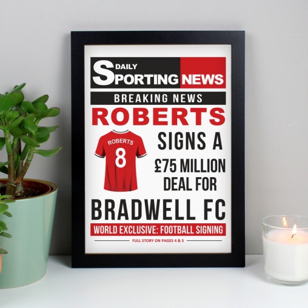 Personalised Football Signing - Newspaper A4 Black Framed Print