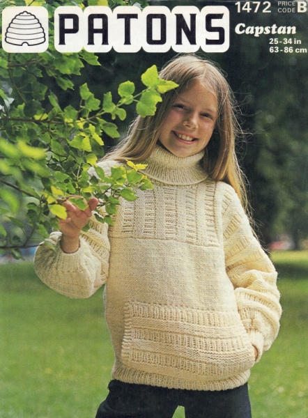 Vintage Patons Knitting Pattern 1472: Children's Pouch Pocket Polo Neck Sweater