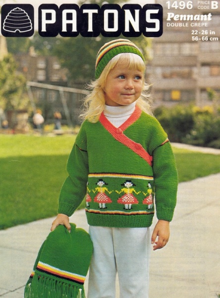Vintage Patons Knitting Pattern 1495: Girl's Sweater, Scarf & Hat