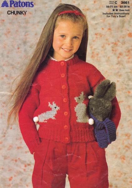 Vintage Patons Knitting Pattern 3661: Children's Rabbit Motif Cardigan