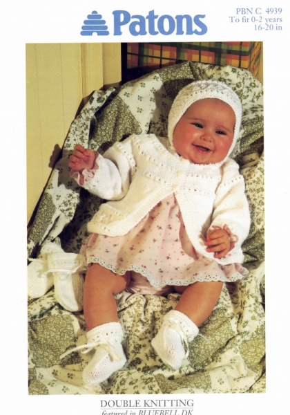 Vintage Patons Knitting Pattern 4939: Baby's Jacket, Bonnet, Bootees & Mitts Set