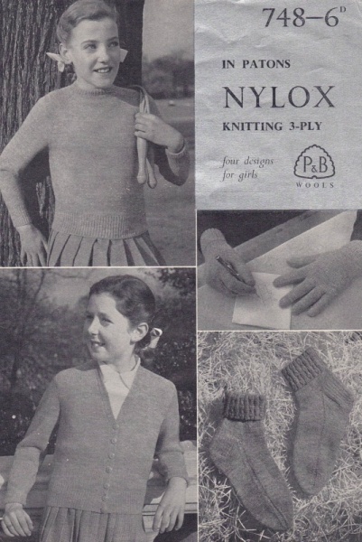 Vintage Patons Knitting Pattern 748: Girl's Jumper, Cardigan, Socks & Gloves