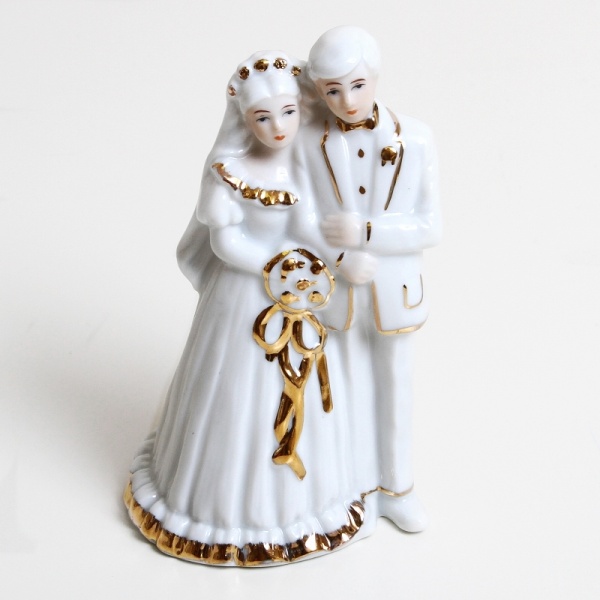 Porcelain White & Gold Bride & Groom Cake Topper