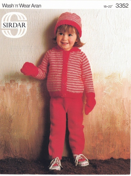 Vintage Sirdar Knitting Pattern No 3352: Childs Jacket, Trousers, Cap & Mittens