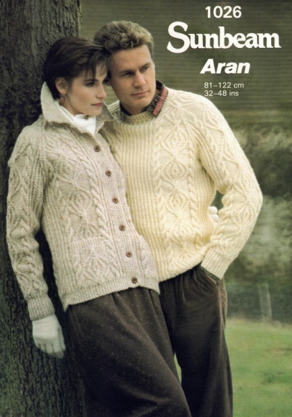 Vintage Sunbeam Knitting Pattern 1026 - His & Hers Aran Sweater & Jacket