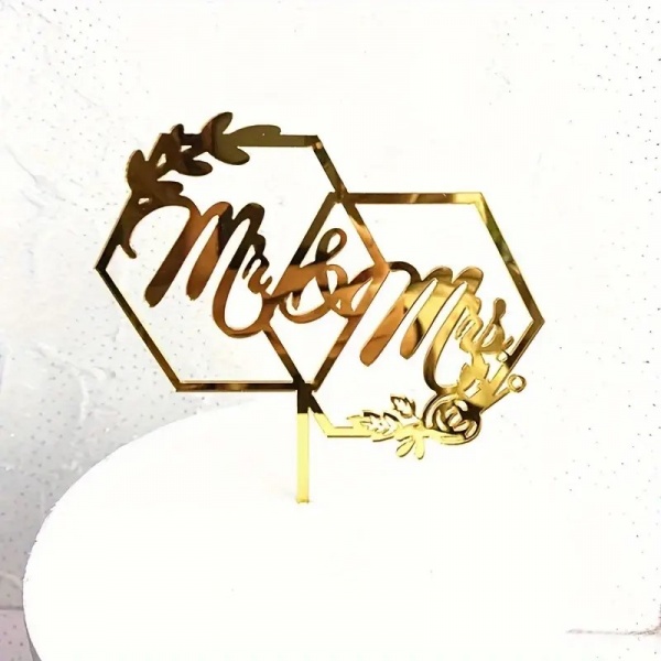 Mr & Mrs Hexagonal Gold Cake Topper, Wedding Cake Decoration