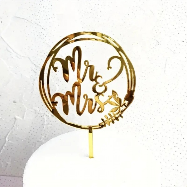 Mr & Mrs Round Gold Cake Topper, Wedding Cake Decoration