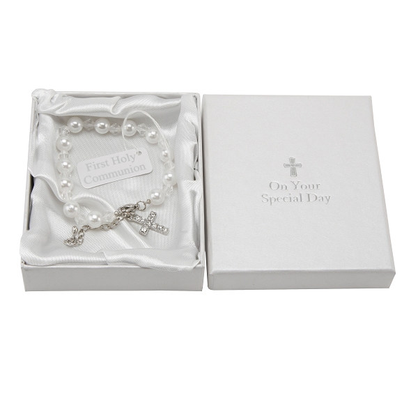 First Communion Bracelet with Diamante Cross Charm