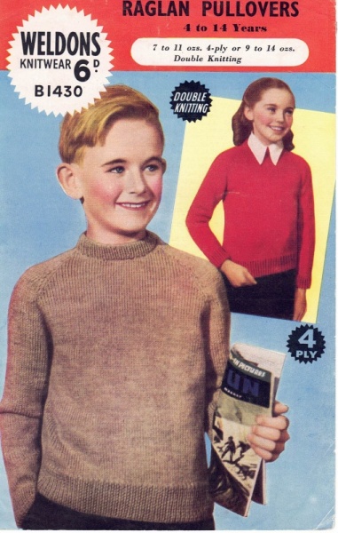 Vintage Weldons Knitting Pattern No B1430: Raglan Pullovers - 4 to 14 Years