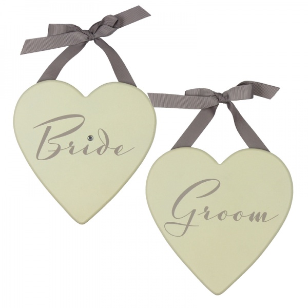 Amore Set of 2 MDF Heart Plaques 'Bride & Groom'
