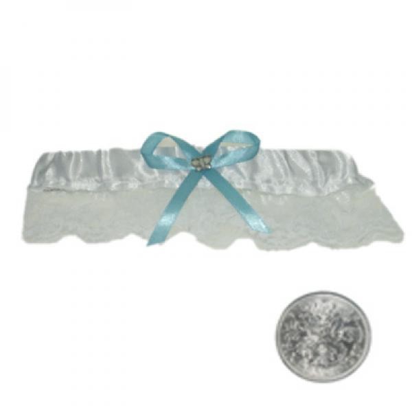 White Satin & Lace Garter with Crystal Butterfly & Blue Bow and Lucky Sixpence