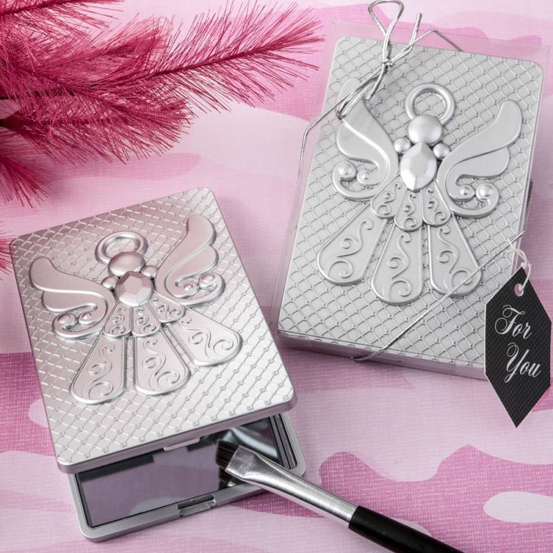 Angel Themed Silver Compact Mirror