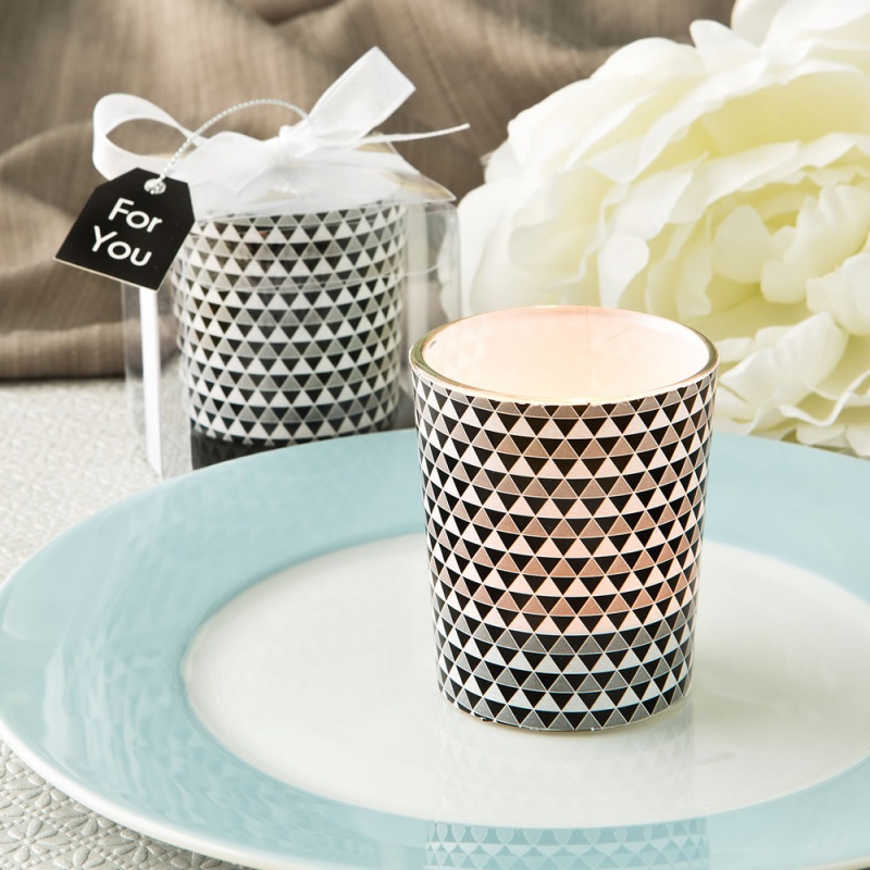 Modern Graphic Design Glass Candle Votive Holder in Silver