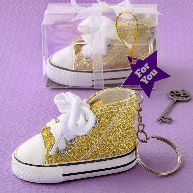 Authentic canvas mini sneaker keychain with a sparkle gold glitter