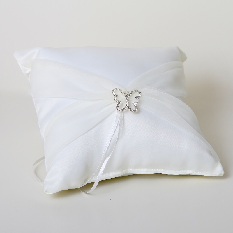 Satin Ring Pillow with Sash & Rhinestone Butterfly Buckle ~ Ivory / White