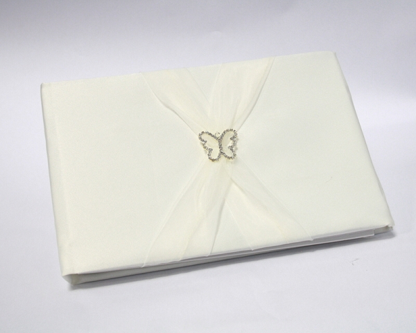 Butterfly Satin Guest Book with Organza Sash - Ivory