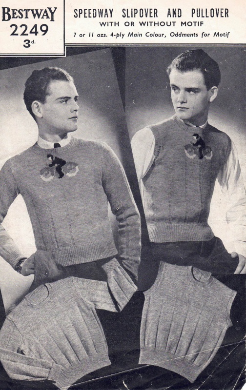 Vintage Bestway Knitting Pattern 2249 - Mens Speedway Motif Slipover & Pullover