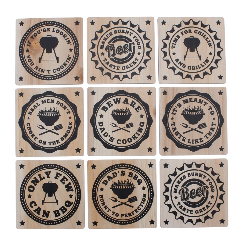 Set of 9 Dad's BBQ Wooden Coasters