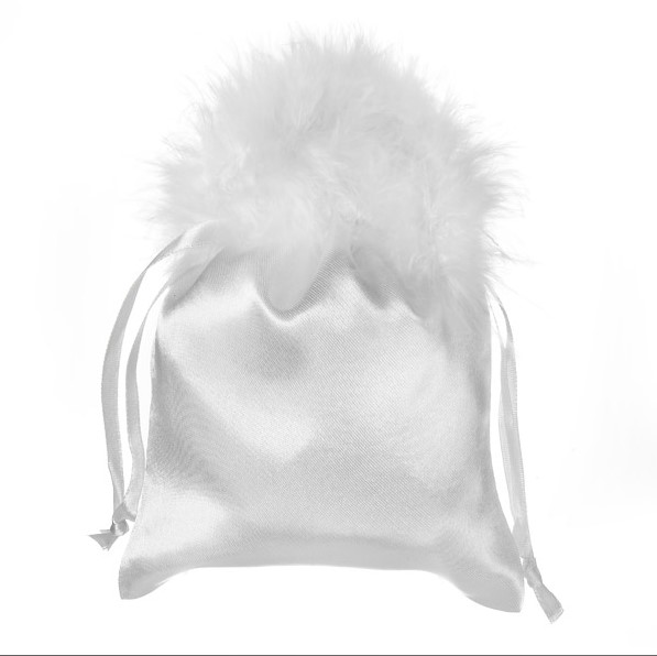 Large White Satin Pouch with Feathers