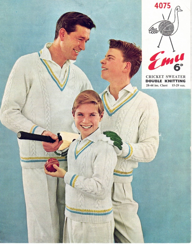 Vintage Emu Knitting Pattern 4075 - Father & Son Cricket Sweaters