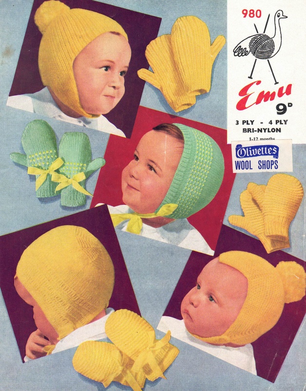 Vintage Emu Knitting Pattern 980 - Baby Bonnets & Mittens - PDF Download